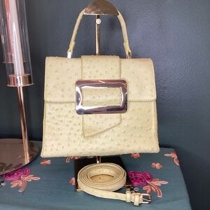 Grossi Ostrich Embossed Satchel Handbag Small Pale Yellow Good Faux Leather